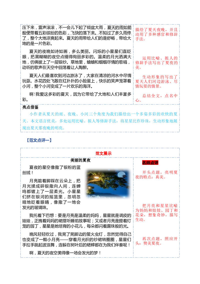 第六单元习作：美丽的夏天（范文点评）（统编版）_一年级语文下册（统编版）_单元写作能力提升_2025版