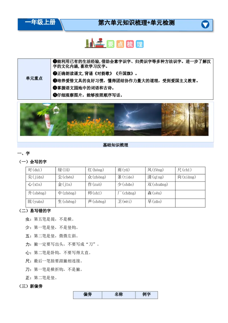第六单元（知识清单）-（统编版&middot;2024秋）_一年级语文上册（统编版）_期末总复习