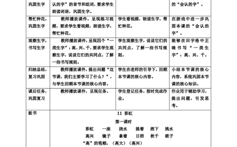 课文11彩虹第1课时教案_一年级语文下册（统编版）_老课标资料_教案反思+导学案_表格式_6版表格教案（带三维目标）_第4单元