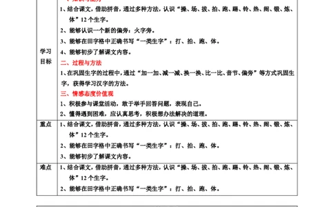 识字7操场上第1课时教案_一年级语文下册（统编版）_老课标资料_教案反思+导学案_表格式_6版表格教案（带三维目标）_第5单元