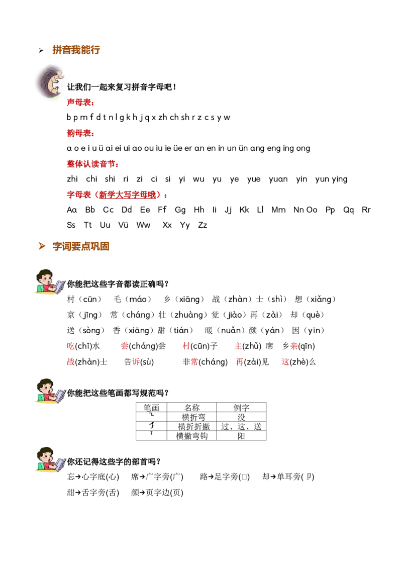 第二单元知识清单语文一年级下册（统编版）_一年级语文下册（统编版）_单元知识复习专项_2024版