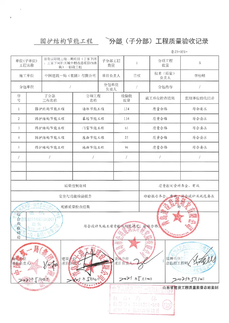 建筑节能_2021-2023年优秀施组方案_施工组织设计_施组02-青岛国际院士港二期项目一标段施工组织设计_2、质量竣工验收记录_分部