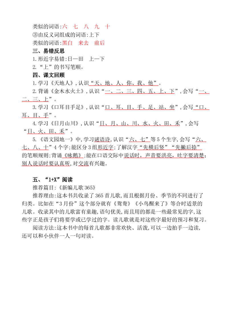 第一单元核心知识点_一年级语文上册（统编版）_全套教学资源_课件+教案_1.第一单元_单元复习_第一单元知识小结