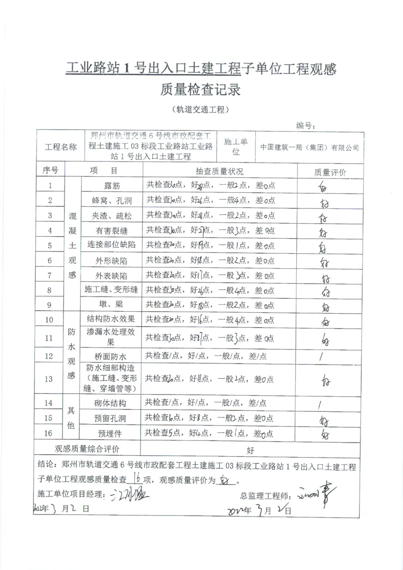 工业路站子单位竣工验收记录表_2021-2023年优秀施组方案_施工组织设计_施组01-郑州地铁6号线03标项目_附件2：验收文件