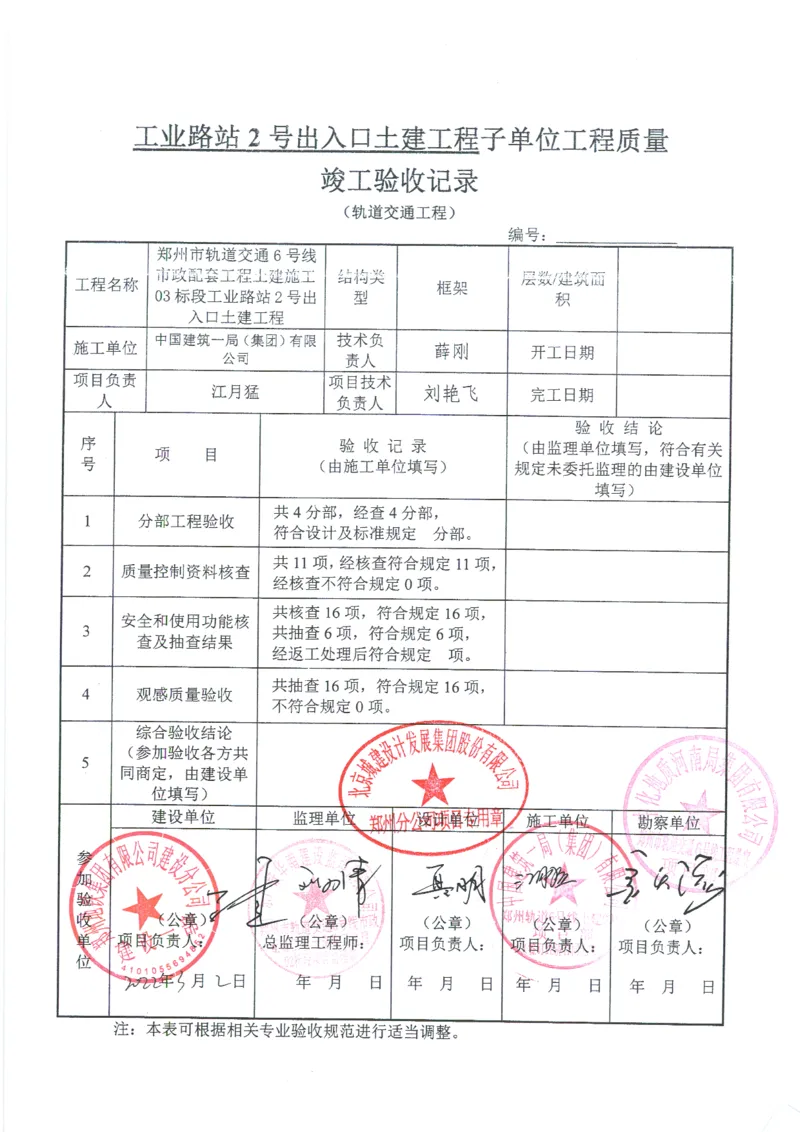 工业路站子单位竣工验收记录表_2021-2023年优秀施组方案_施工组织设计_施组01-郑州地铁6号线03标项目_附件2：验收文件