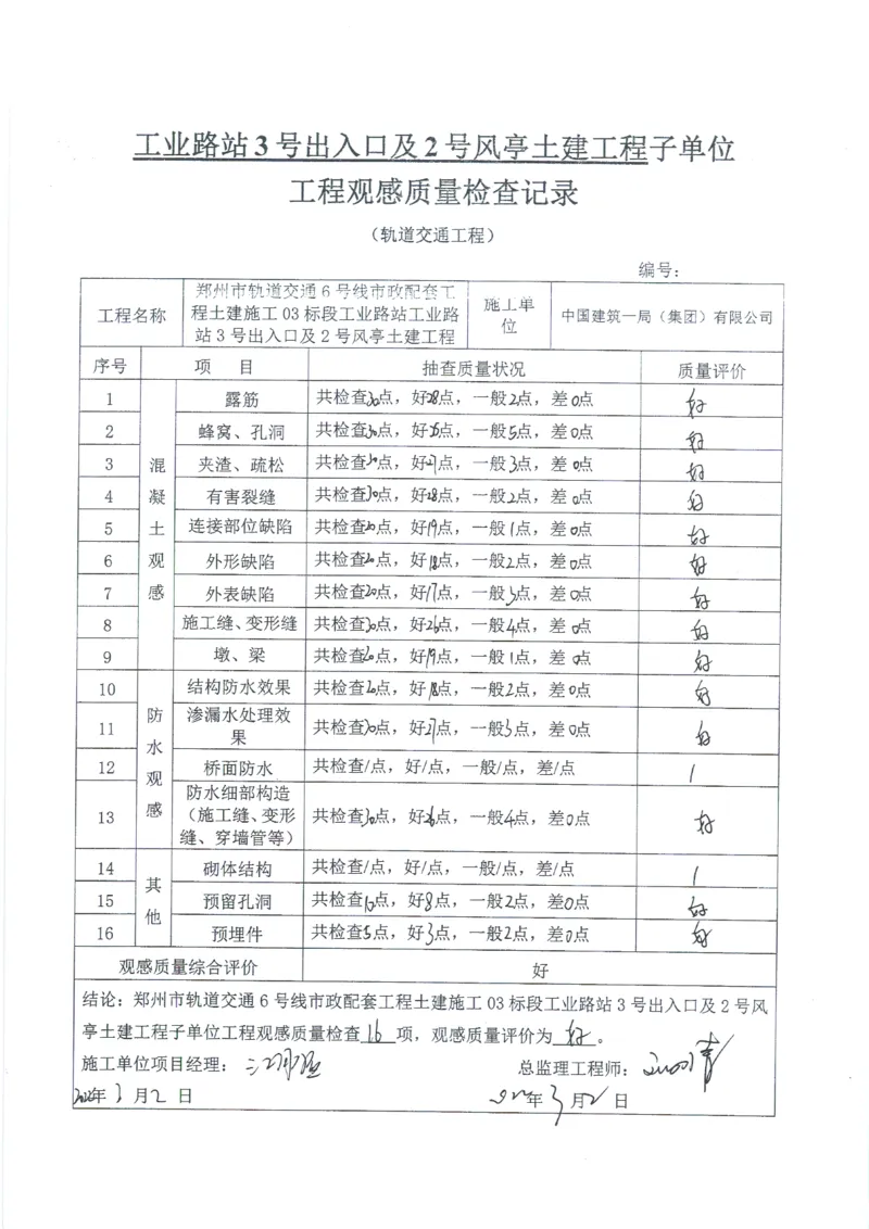 工业路站子单位竣工验收记录表_2021-2023年优秀施组方案_施工组织设计_施组01-郑州地铁6号线03标项目_附件2：验收文件
