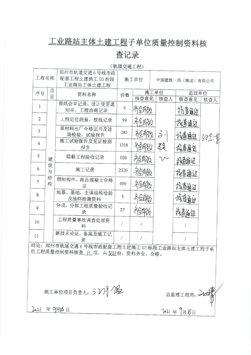 工业路站子单位竣工验收记录表_2021-2023年优秀施组方案_施工组织设计_施组01-郑州地铁6号线03标项目_附件2：验收文件