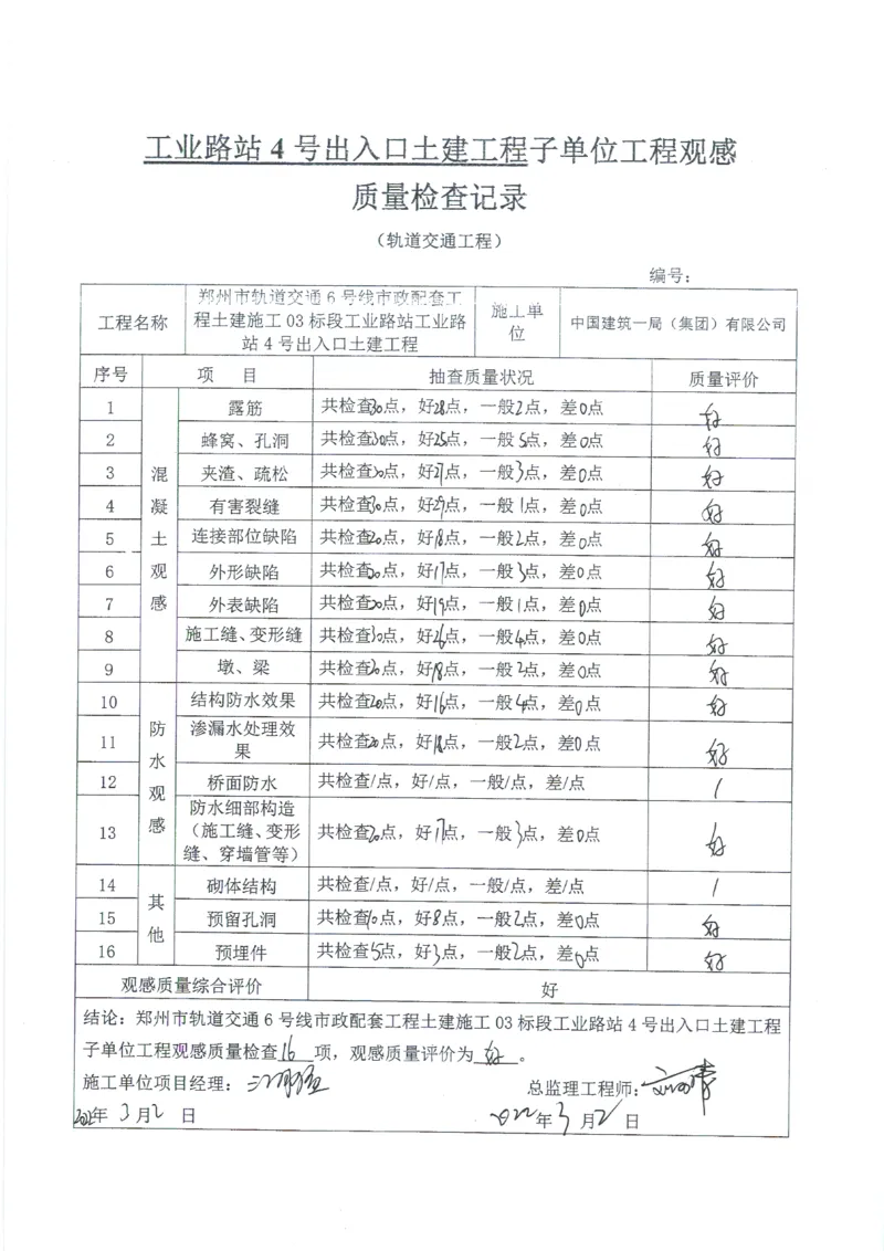 工业路站子单位竣工验收记录表_2021-2023年优秀施组方案_施工组织设计_施组01-郑州地铁6号线03标项目_附件2：验收文件