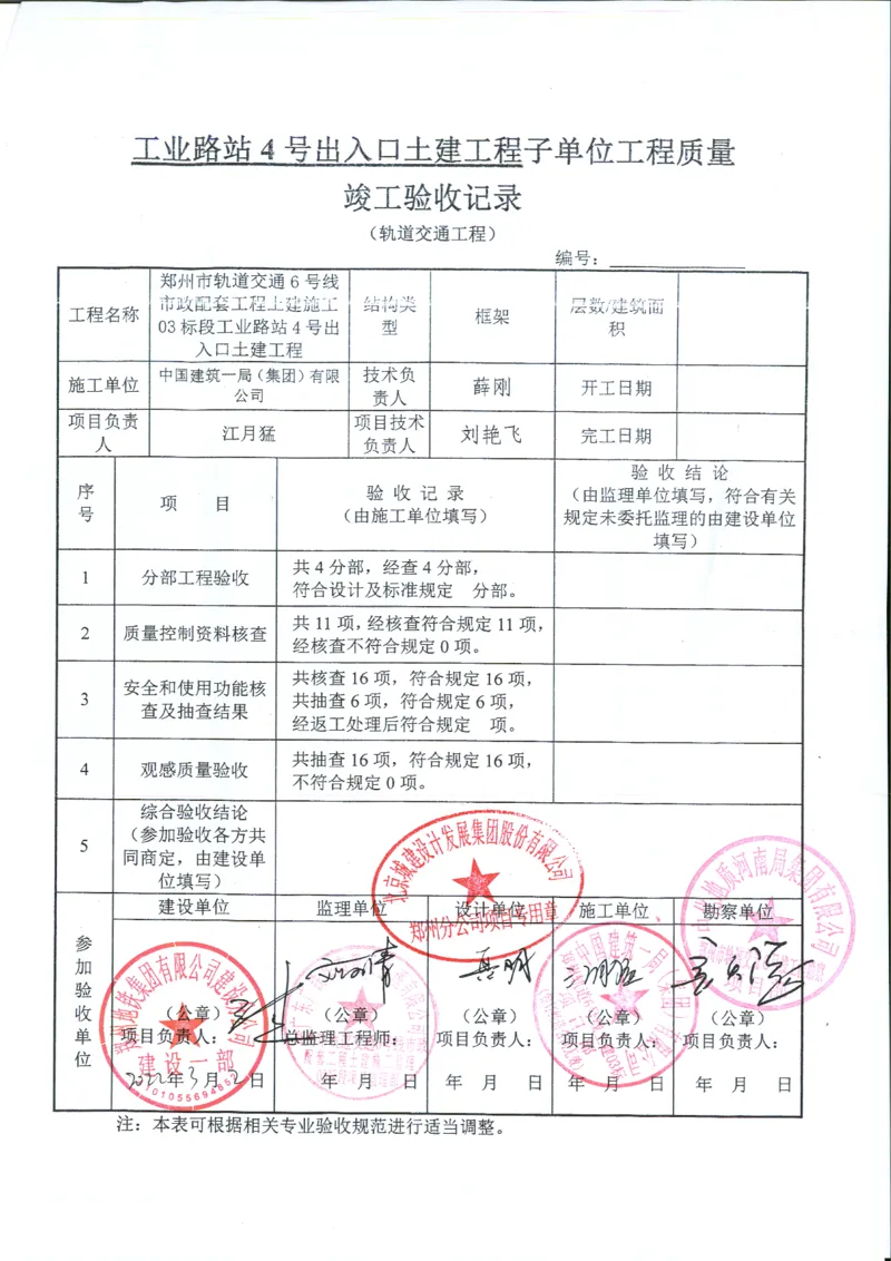 工业路站子单位竣工验收记录表_2021-2023年优秀施组方案_施工组织设计_施组01-郑州地铁6号线03标项目_附件2：验收文件