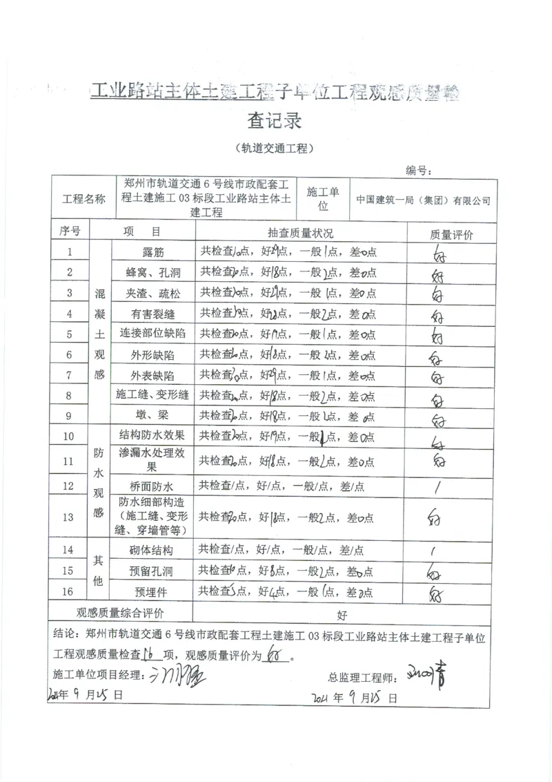工业路站子单位竣工验收记录表_2021-2023年优秀施组方案_施工组织设计_施组01-郑州地铁6号线03标项目_附件2：验收文件