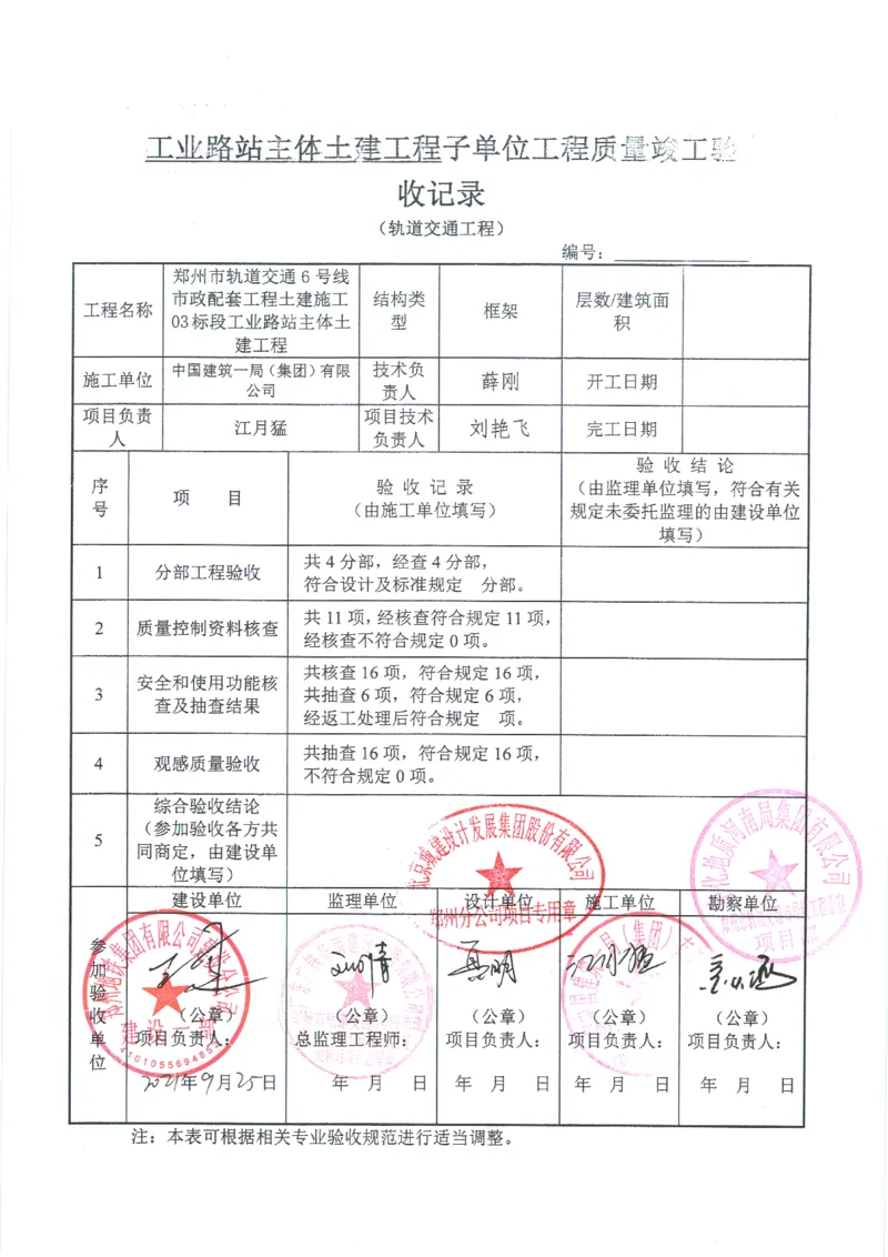 工业路站子单位竣工验收记录表_2021-2023年优秀施组方案_施工组织设计_施组01-郑州地铁6号线03标项目_附件2：验收文件