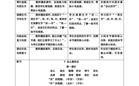 课文7怎么都快乐第1课时教案_一年级语文下册（统编版）_老课标资料_教案反思+导学案_表格式_6版表格教案（带三维目标）_第3单元