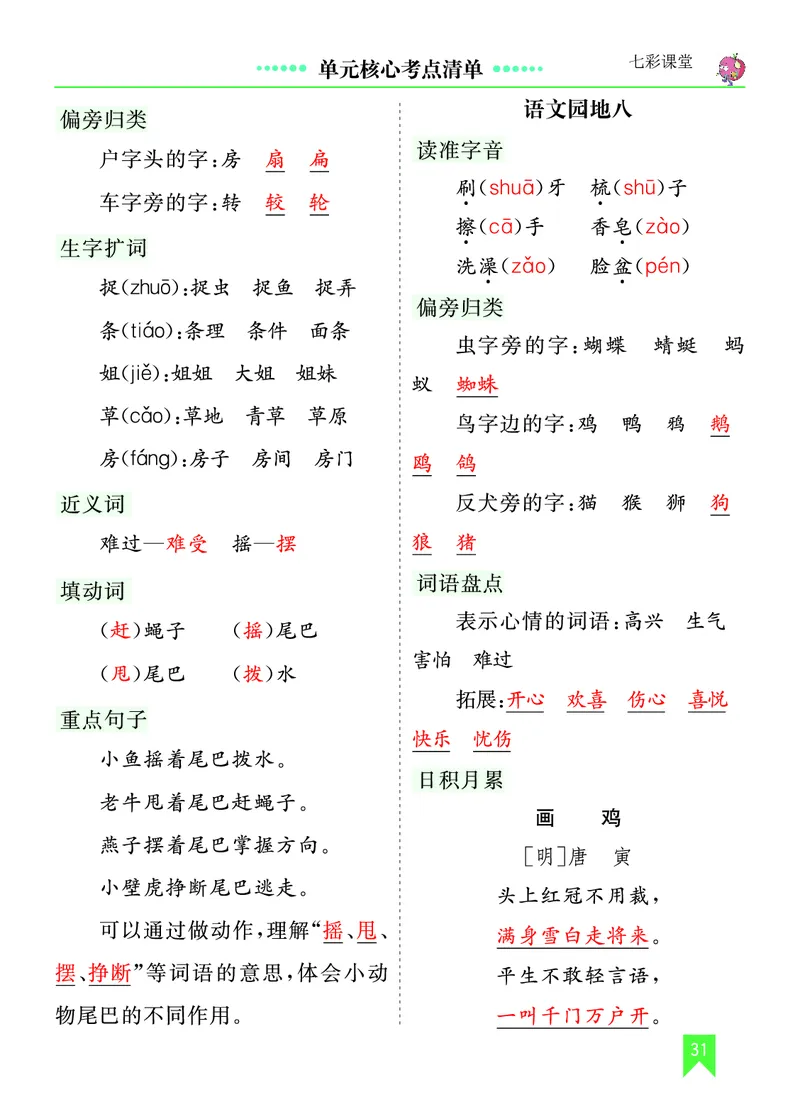 第八单元核心考点清单_一年级语文下册（统编版）_老课标资料_一年级下册全套课件资料_8.第八单元_单元复习_第八单元知识小结