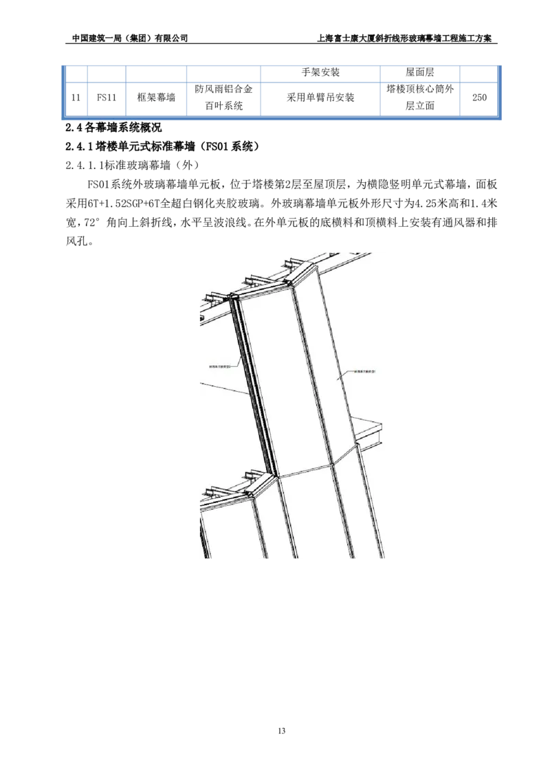 斜折线形玻璃幕墙工程施工方案2_2021-2023年优秀施组方案_施工方案_富士康大厦斜折线形玻璃幕墙工程施工方案