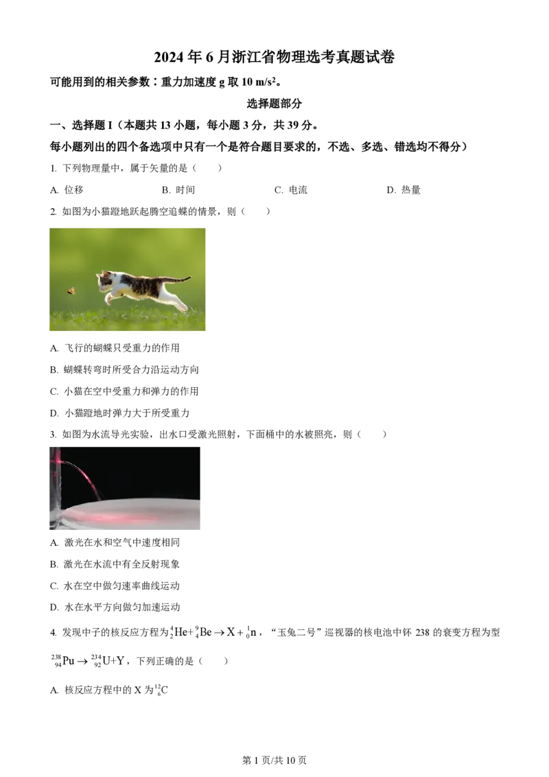 2024年高考物理试卷（浙江）（6月）（空白卷）_物理历年高考真题_新&middot;PDF版2008-2025&middot;高考物理真题_物理（按年份分类）2008-2025_2024&middot;高考物理真题