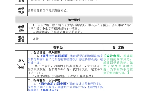 识字1春夏秋冬-教案_一年级语文下册（统编版）_老课标资料_教案反思+导学案_表格式_5版表格式教案