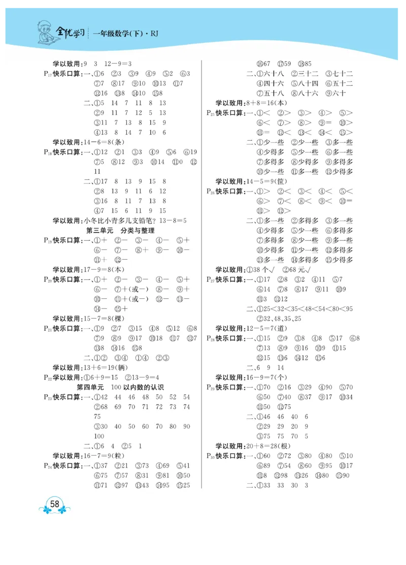 《心算口算速算应用题》数学1年级下册（RJ）_一年级上下册资料_小学一年级学习资料-25年更新版_1-04、小学一年级数学下册_1-4-2、练习题、作业、试题、试卷_人教版_电子册
