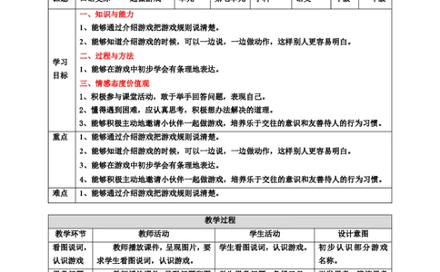 第七单元口语交际一起做游戏教案_一年级语文下册（统编版）_老课标资料_教案反思+导学案_表格式_6版表格教案（带三维目标）_第7单元