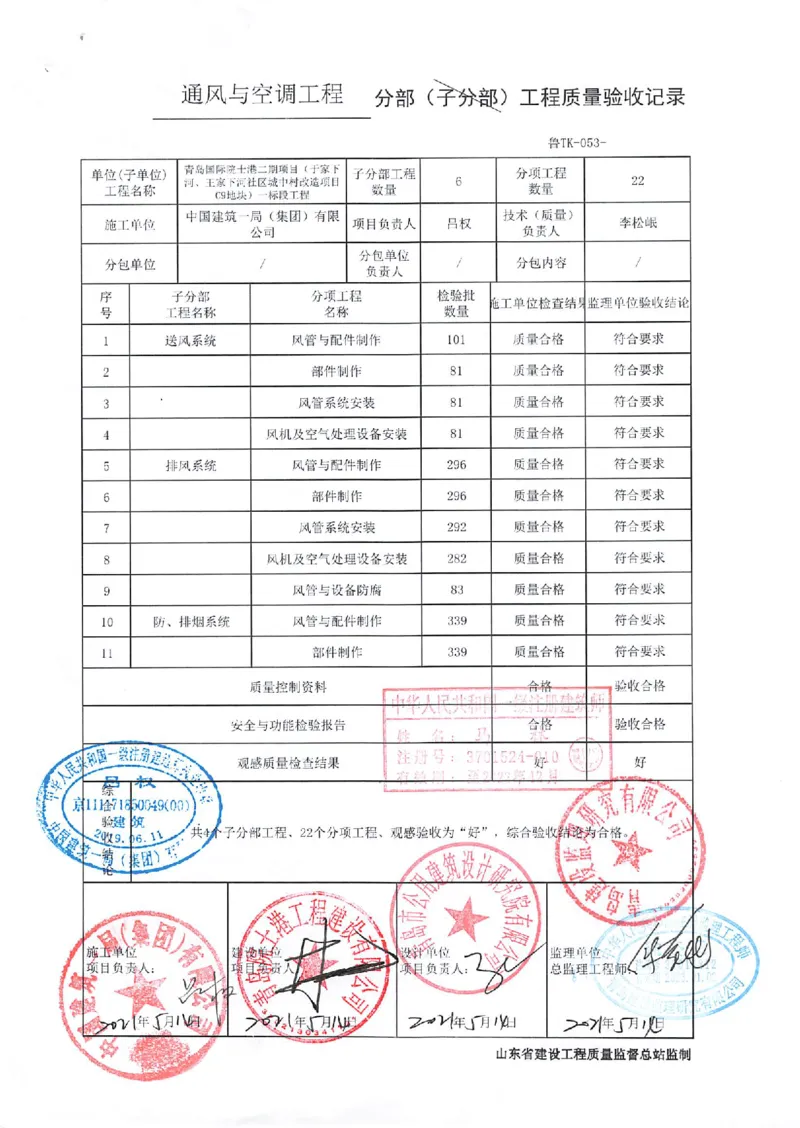 通风与空调分部_2021-2023年优秀施组方案_施工组织设计_施组02-青岛国际院士港二期项目一标段施工组织设计_2、质量竣工验收记录_分部