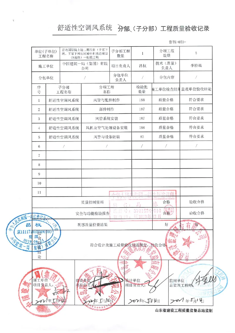 通风与空调分部_2021-2023年优秀施组方案_施工组织设计_施组02-青岛国际院士港二期项目一标段施工组织设计_2、质量竣工验收记录_分部
