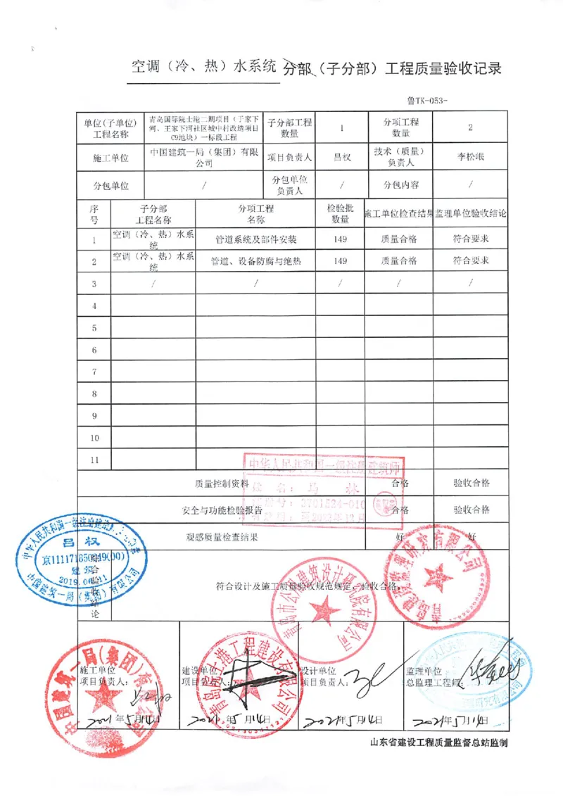 通风与空调分部_2021-2023年优秀施组方案_施工组织设计_施组02-青岛国际院士港二期项目一标段施工组织设计_2、质量竣工验收记录_分部
