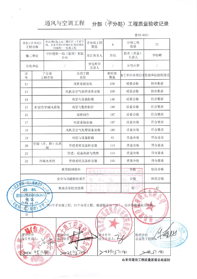 通风与空调分部_2021-2023年优秀施组方案_施工组织设计_施组02-青岛国际院士港二期项目一标段施工组织设计_2、质量竣工验收记录_分部