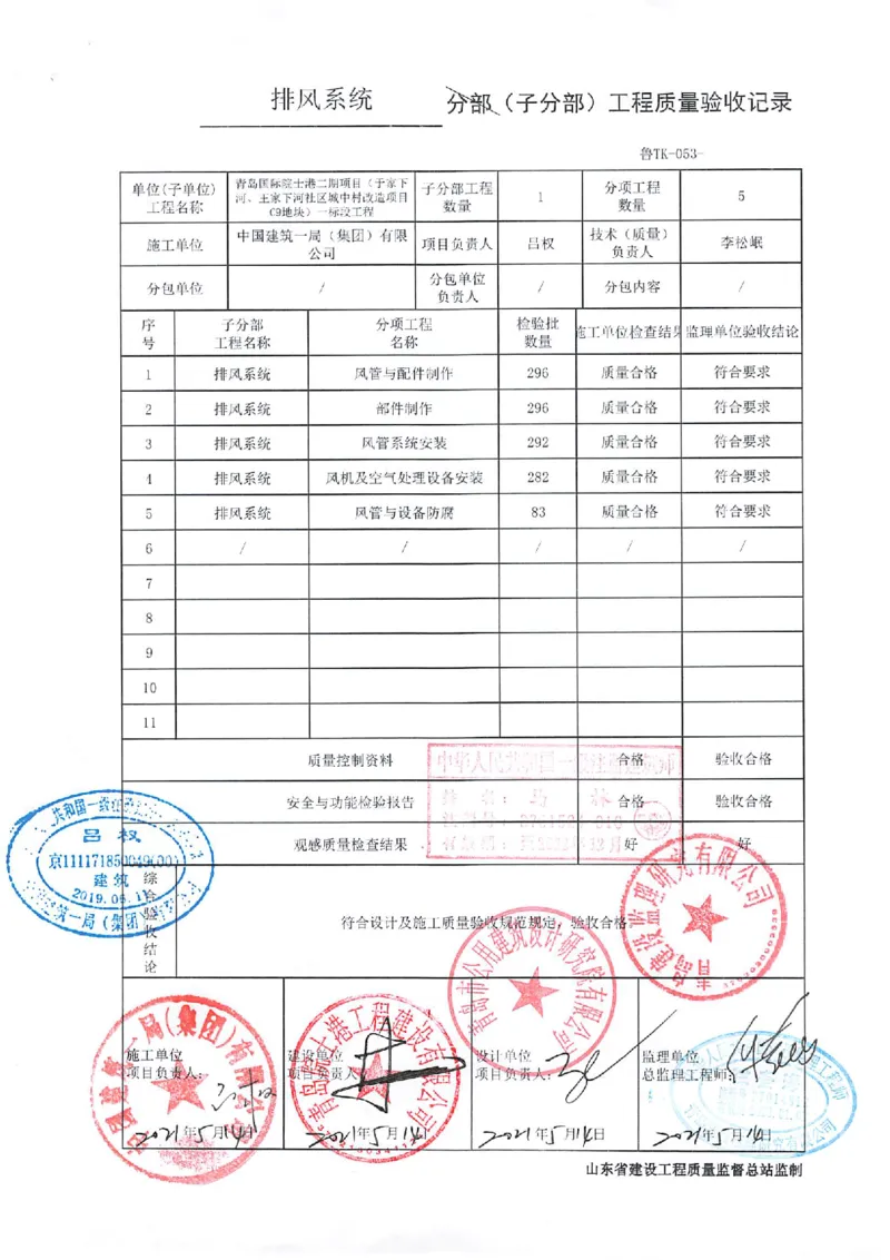 通风与空调分部_2021-2023年优秀施组方案_施工组织设计_施组02-青岛国际院士港二期项目一标段施工组织设计_2、质量竣工验收记录_分部