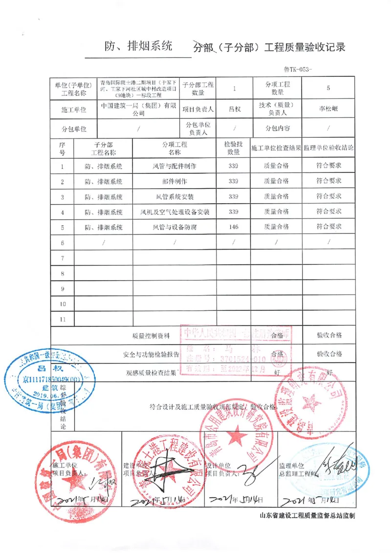 通风与空调分部_2021-2023年优秀施组方案_施工组织设计_施组02-青岛国际院士港二期项目一标段施工组织设计_2、质量竣工验收记录_分部