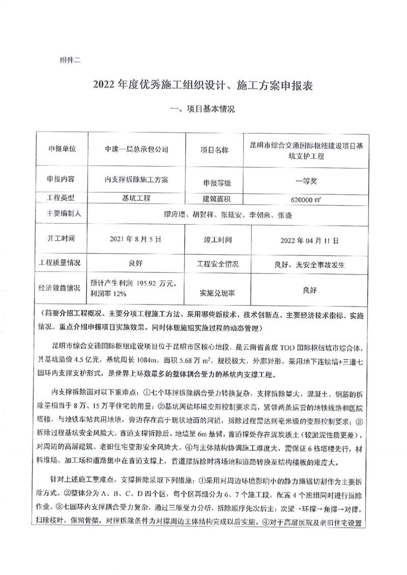 申报表签字盖章扫描件&mdash;&mdash;内支撑拆除施工方案_2021-2023年优秀施组方案_施工方案_方案28-昆明交通枢纽内支撑拆除方案_2-优秀施工方案申报表
