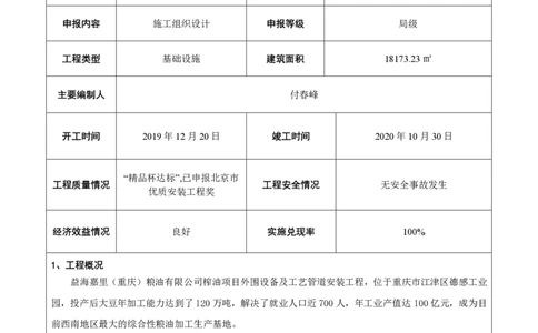 竞赛申报表_2021-2023年优秀施组方案_施工组织设计_施组14-益海嘉里(重庆)粮油有限公司榨油项目外围设备及工艺管道安装工程施工组织设计_1、竞赛申报表