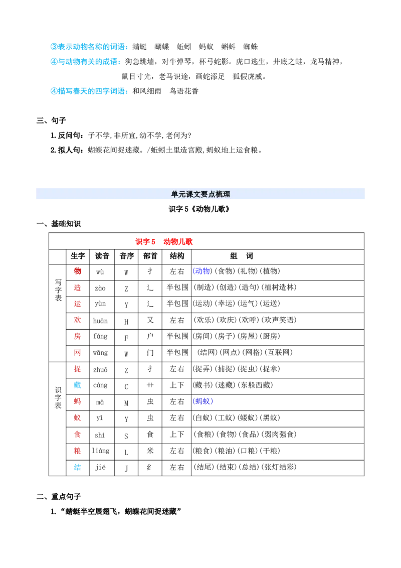 第五单元（知识清单）-（统编版&middot;2024）_一年级语文下册（统编版）_期末总复习