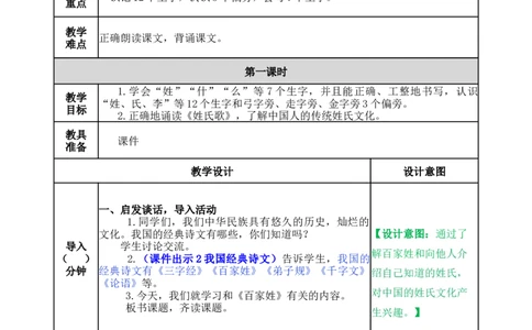 识字2姓氏歌-教案_一年级语文下册（统编版）_老课标资料_教案反思+导学案_表格式_5版表格式教案