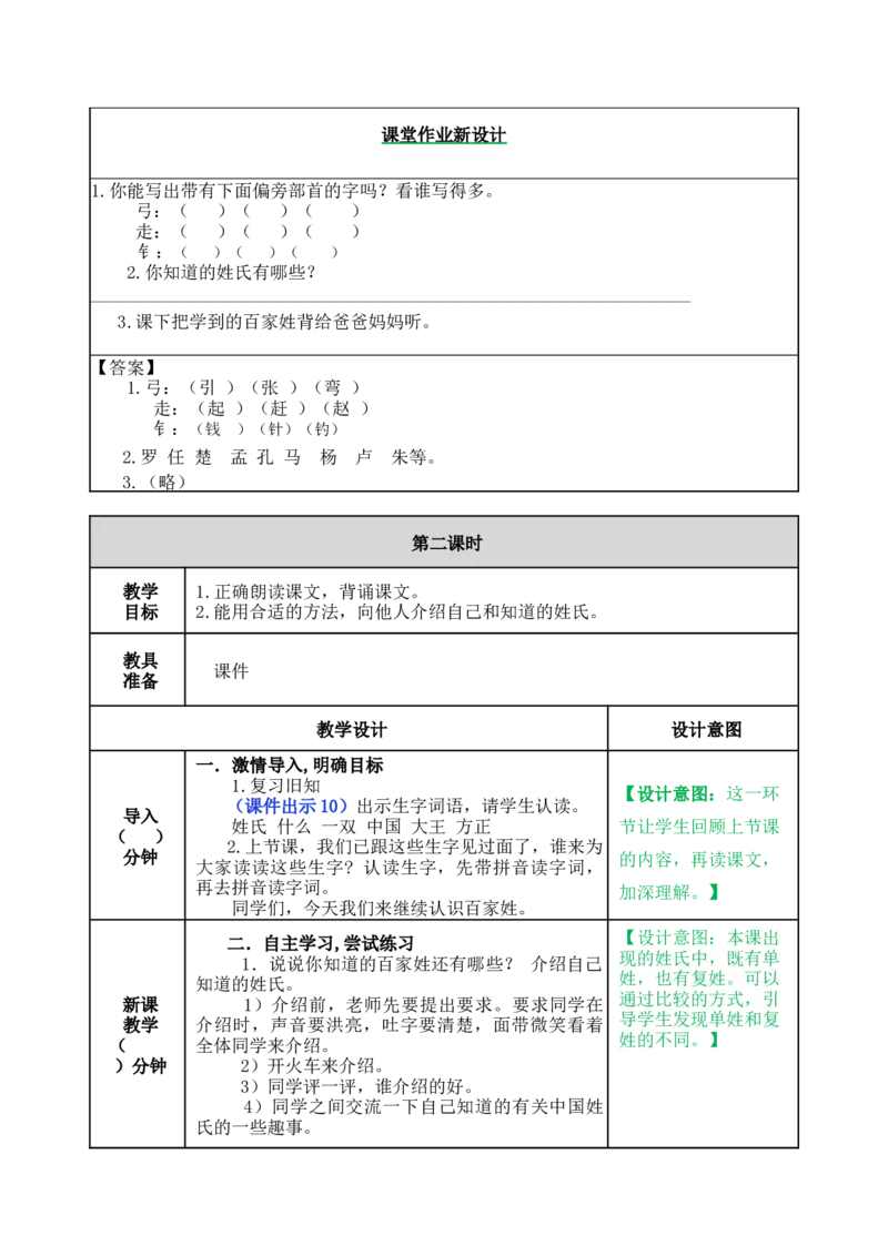 识字2姓氏歌-教案_一年级语文下册（统编版）_老课标资料_教案反思+导学案_表格式_5版表格式教案