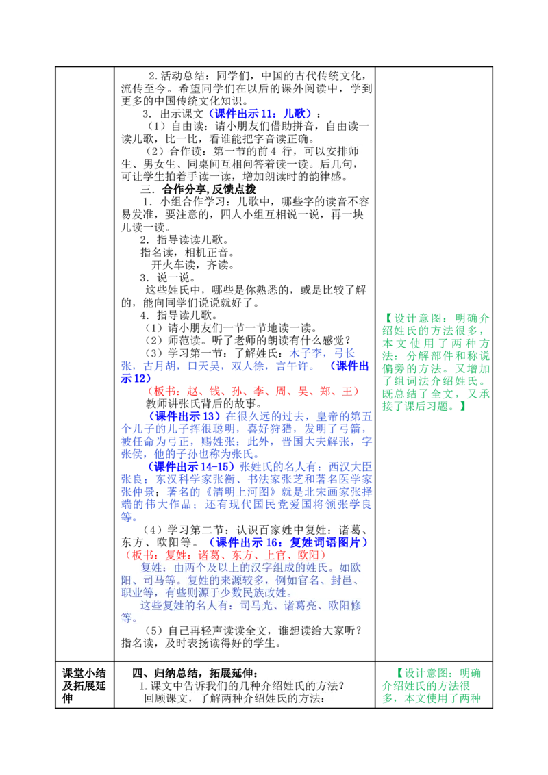 识字2姓氏歌-教案_一年级语文下册（统编版）_老课标资料_教案反思+导学案_表格式_5版表格式教案
