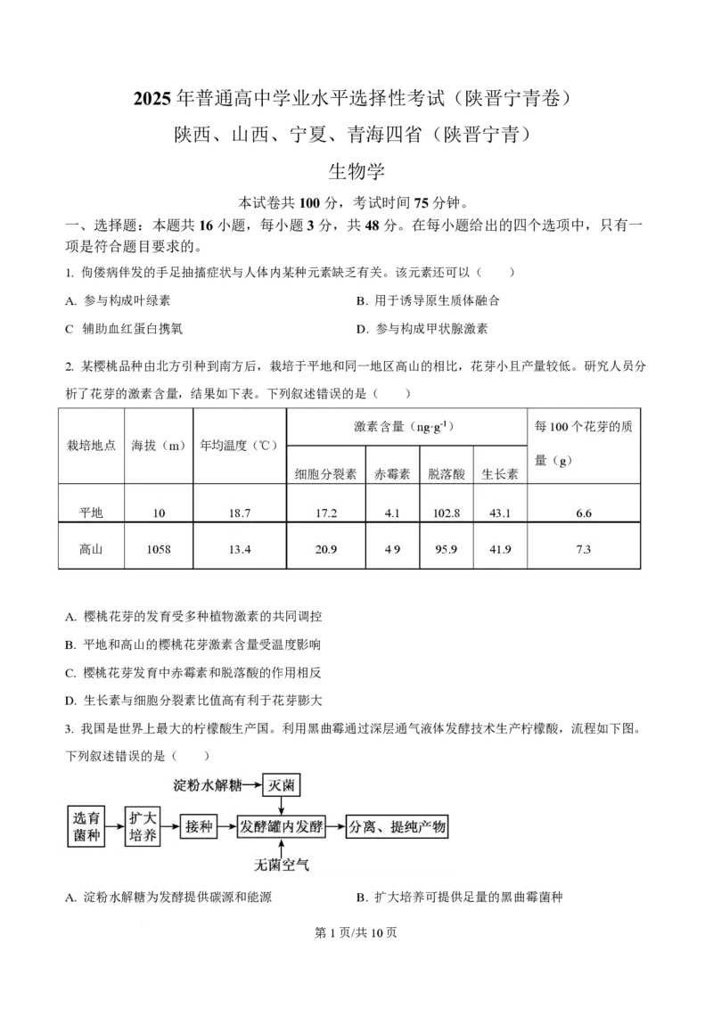 2025年高考生物试卷（陕晋青宁卷）（空白卷）_生物历年高考真题_新&middot;PDF版2008-2025&middot;高考生物真题_生物（按年份分类）2008-2025_2025&middot;高考生物真题