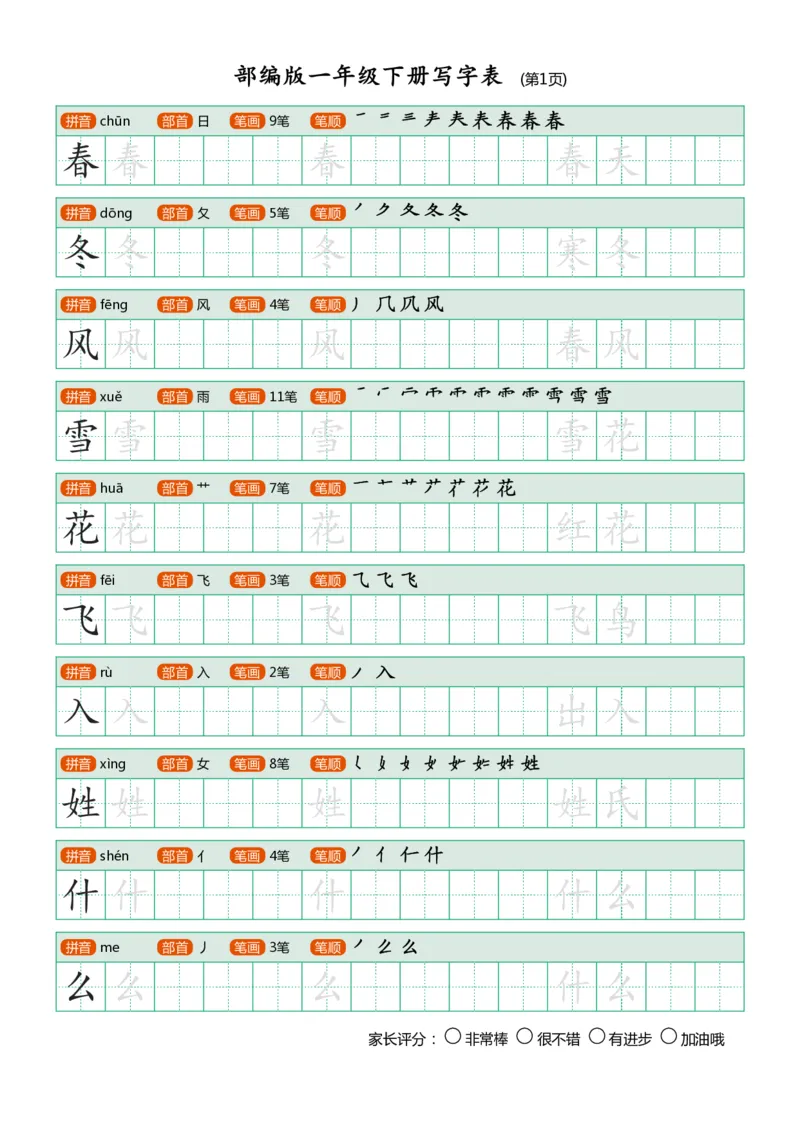 部编版-1年级下册写字表（带部首笔画）20页_一年级语文下册（统编版）_老课标资料_一下语文含教学视频_第一套_007-同步练字视频_小学一年级新增可打印