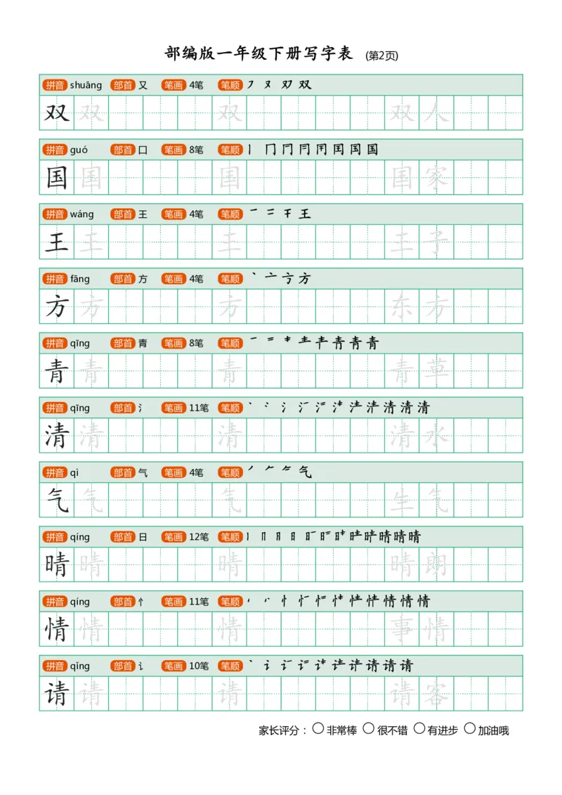 部编版-1年级下册写字表（带部首笔画）20页_一年级语文下册（统编版）_老课标资料_一下语文含教学视频_第一套_007-同步练字视频_小学一年级新增可打印