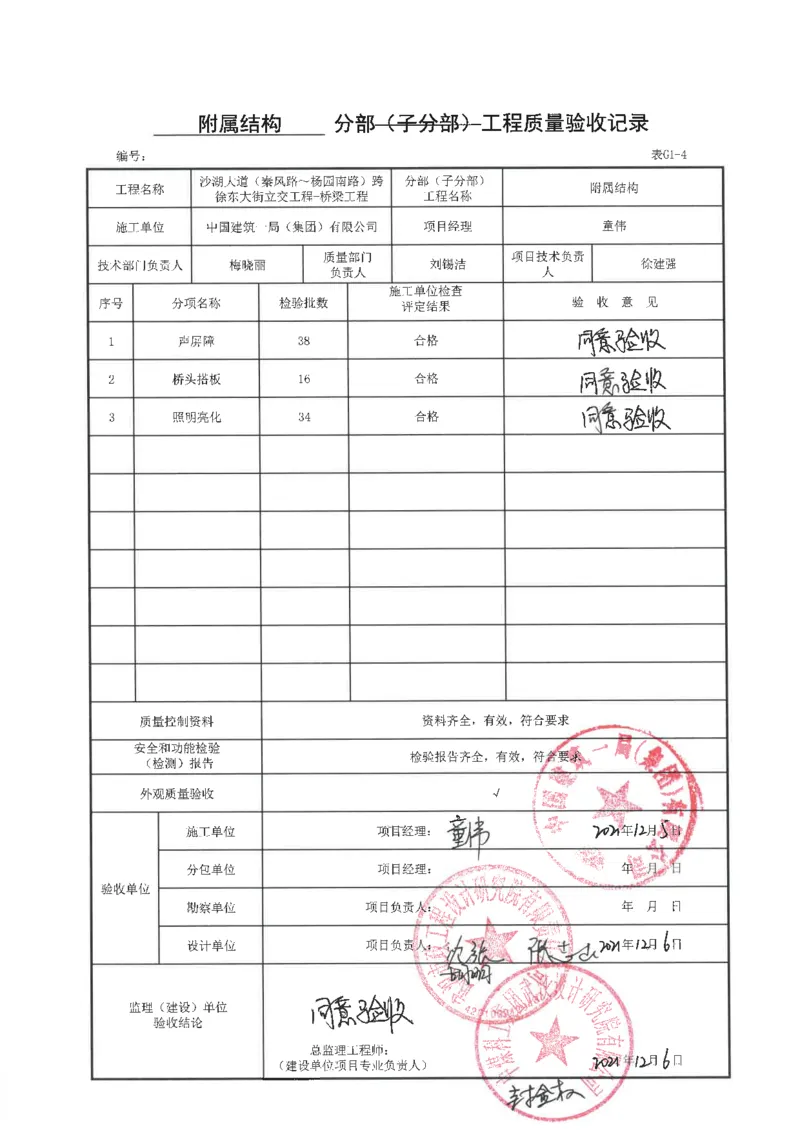 桥梁工程分部子分部质量验收记录_2021-2023年优秀施组方案_施工方案_方案09-沙湖大道项目异型声屏障制造与安装施工方案_分部工程竣工验收记录