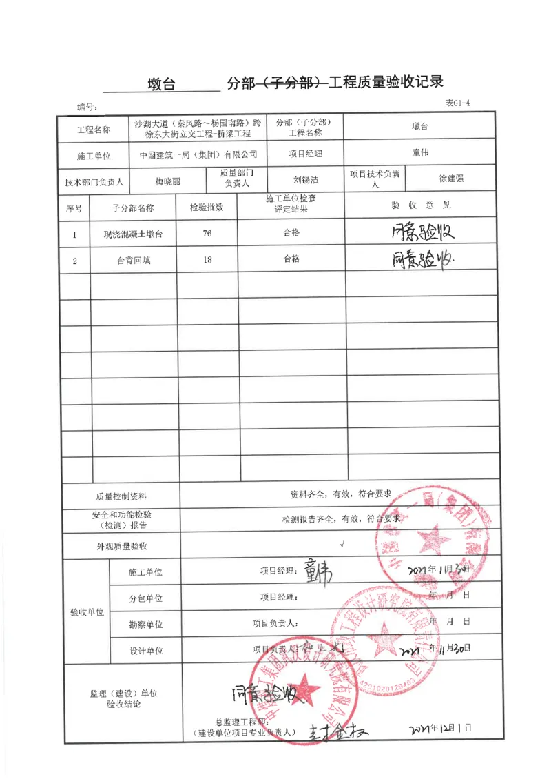 桥梁工程分部子分部质量验收记录_2021-2023年优秀施组方案_施工方案_方案09-沙湖大道项目异型声屏障制造与安装施工方案_分部工程竣工验收记录