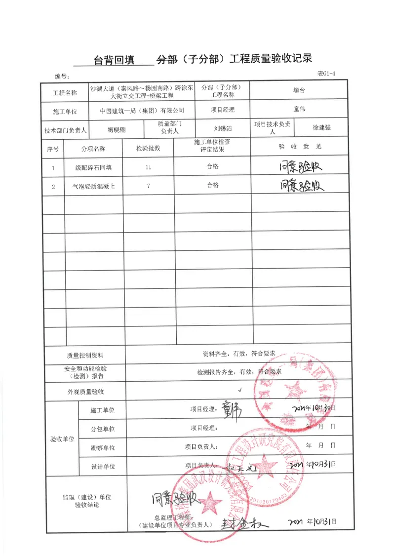 桥梁工程分部子分部质量验收记录_2021-2023年优秀施组方案_施工方案_方案09-沙湖大道项目异型声屏障制造与安装施工方案_分部工程竣工验收记录