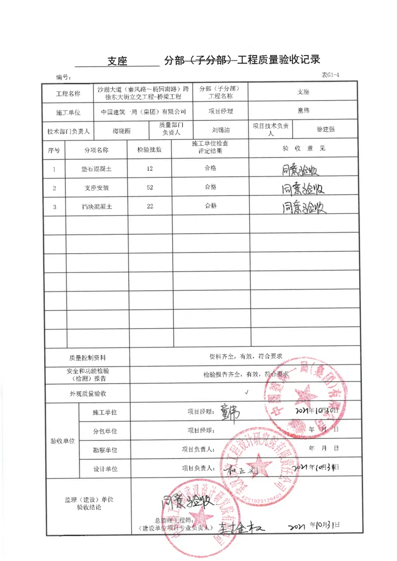 桥梁工程分部子分部质量验收记录_2021-2023年优秀施组方案_施工方案_方案09-沙湖大道项目异型声屏障制造与安装施工方案_分部工程竣工验收记录