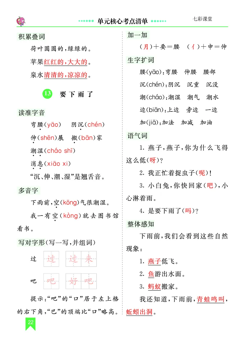 第六单元核心考点清单_一年级语文下册（统编版）_老课标资料_一年级下册全套课件资料_6.第六单元_单元复习_第六单元知识小结