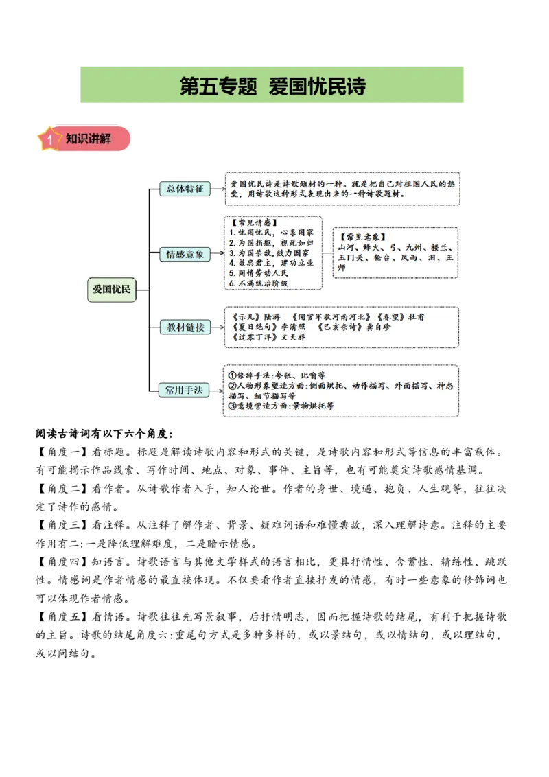 专题4爱国忧民诗小学语文古诗词专项训练（统编版）(学生版）-14页_一年级语文下册（统编版）_古诗词_2024年秋季念念不忘版