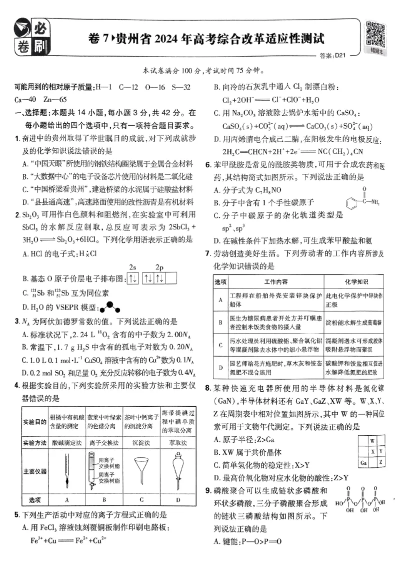 2025版高考必刷卷化学新高考版_2025高中教辅（后续还会更新新习题试卷）_《2025高考必刷卷》_化学