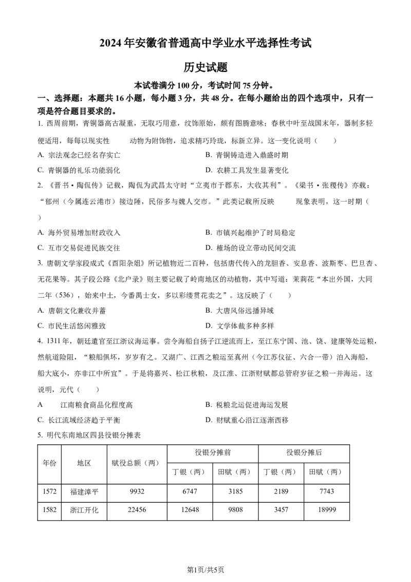 2024年高考历史试卷（安徽）（空白卷）_历史历年高考真题_新&middot;Word版2008-2025&middot;高考历史真题_历史（按年份分类）2008-2025_2024&middot;历史高考真题(1)