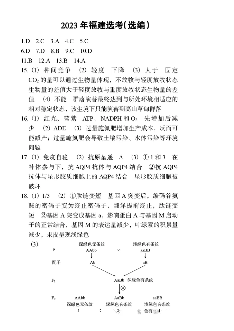 2023年高考生物试卷（福建）（答案卷）_生物历年高考真题_新&middot;PDF版2008-2025&middot;高考生物真题_生物（按试卷类型分类）2008-2025_自主命题卷&middot;生物（2008-2025）