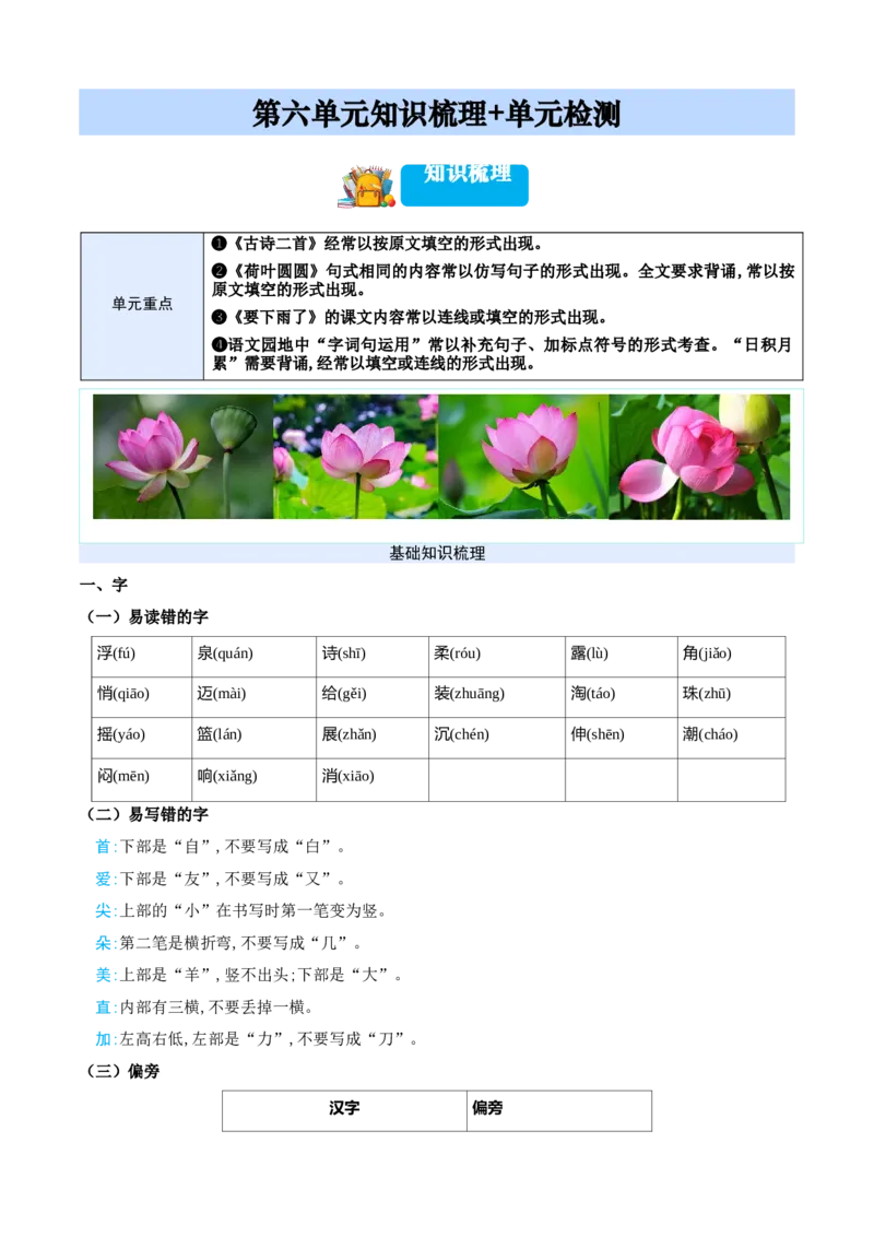 第六单元（知识清单）-（统编版&middot;2024）_一年级语文下册（统编版）_期末总复习