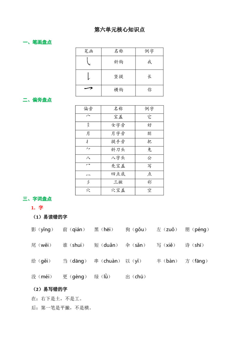 第六单元核心知识点_一年级语文上册（统编版）_老课标资料_单元知识小结