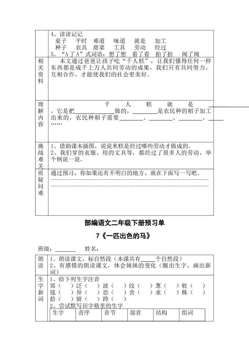 二年级下册语文一二单元预习单_二年级上下册资料_小学二年级学习资料-25年更新版_2-02、小学二年级语文下册_2-2-1、复习、知识点、归纳汇总