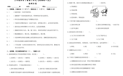 三下第二单元《动物的一生》检测B卷_三年级上下册资料_小学三年级学习资料-25年更新版_3-10、小学三年级科学下册_教科版_单元测试卷